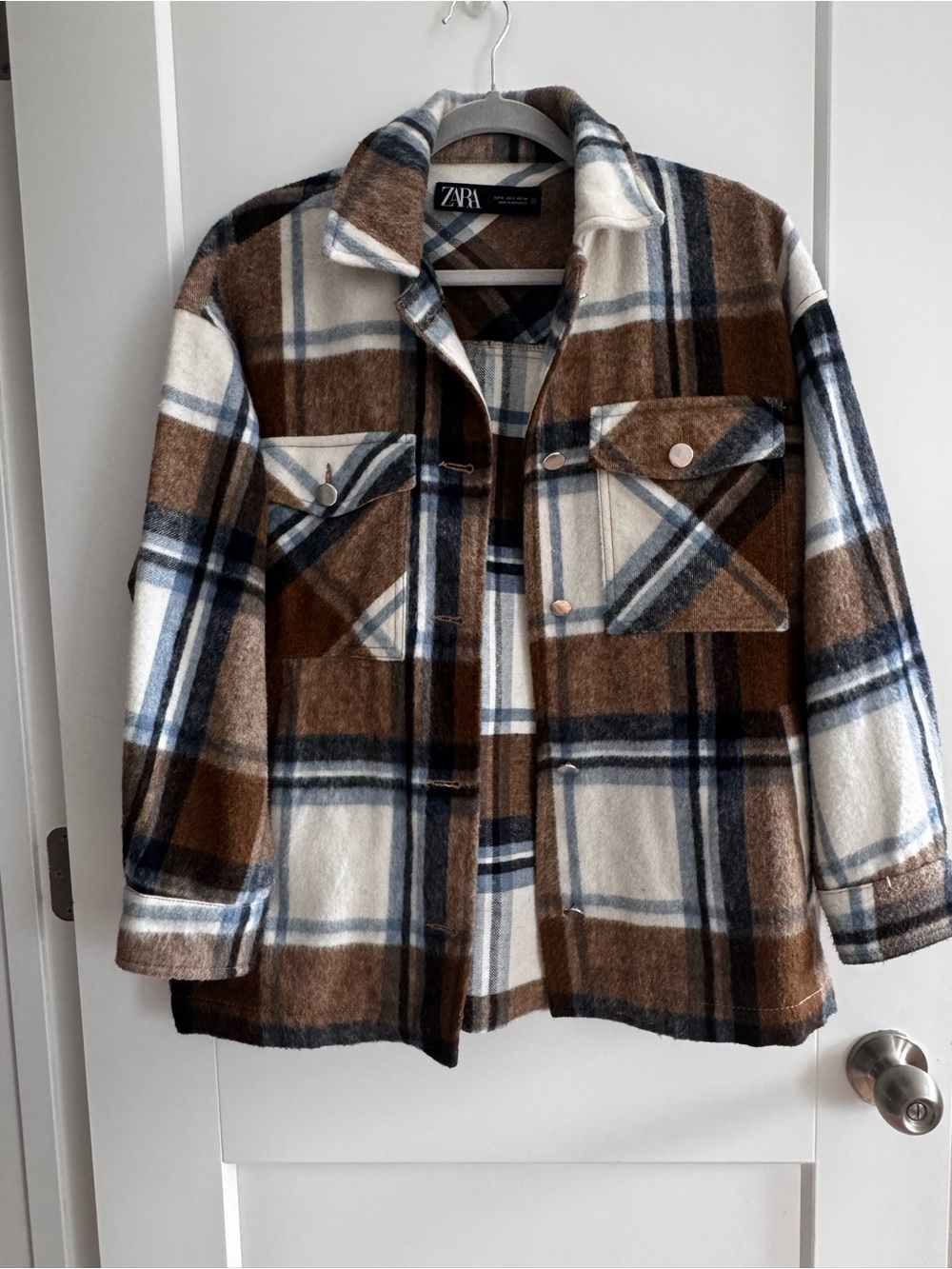 ZARA Jacket- Brown Cream & Blue Plaid Shacket size Small
